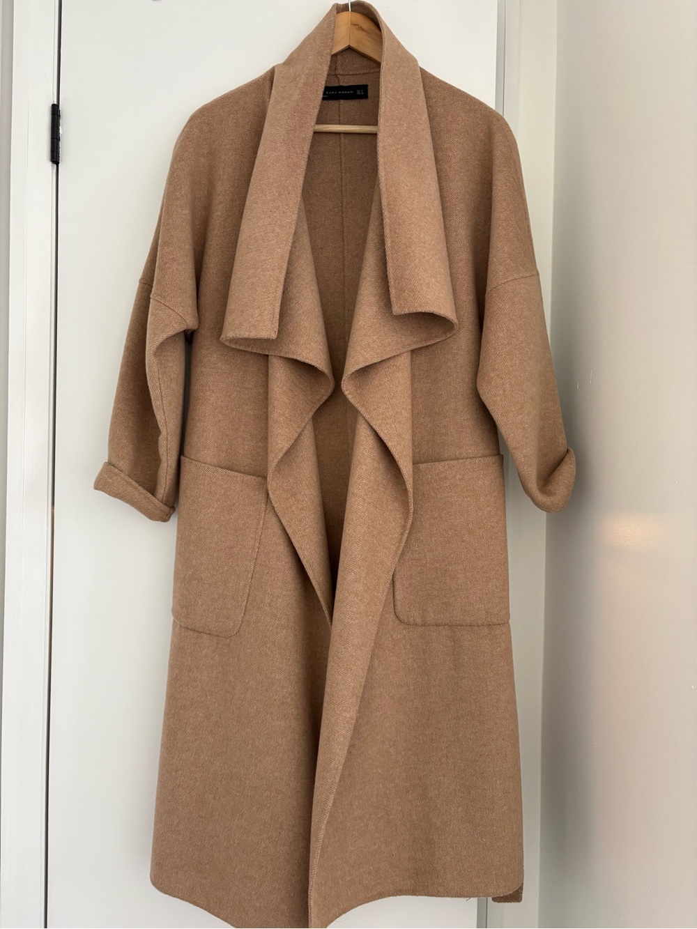 Zara Camel Open-Front Draped Cardigan Coat